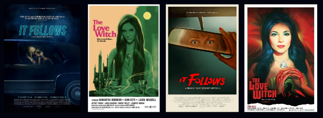 banner of it follows and love witch movie posters